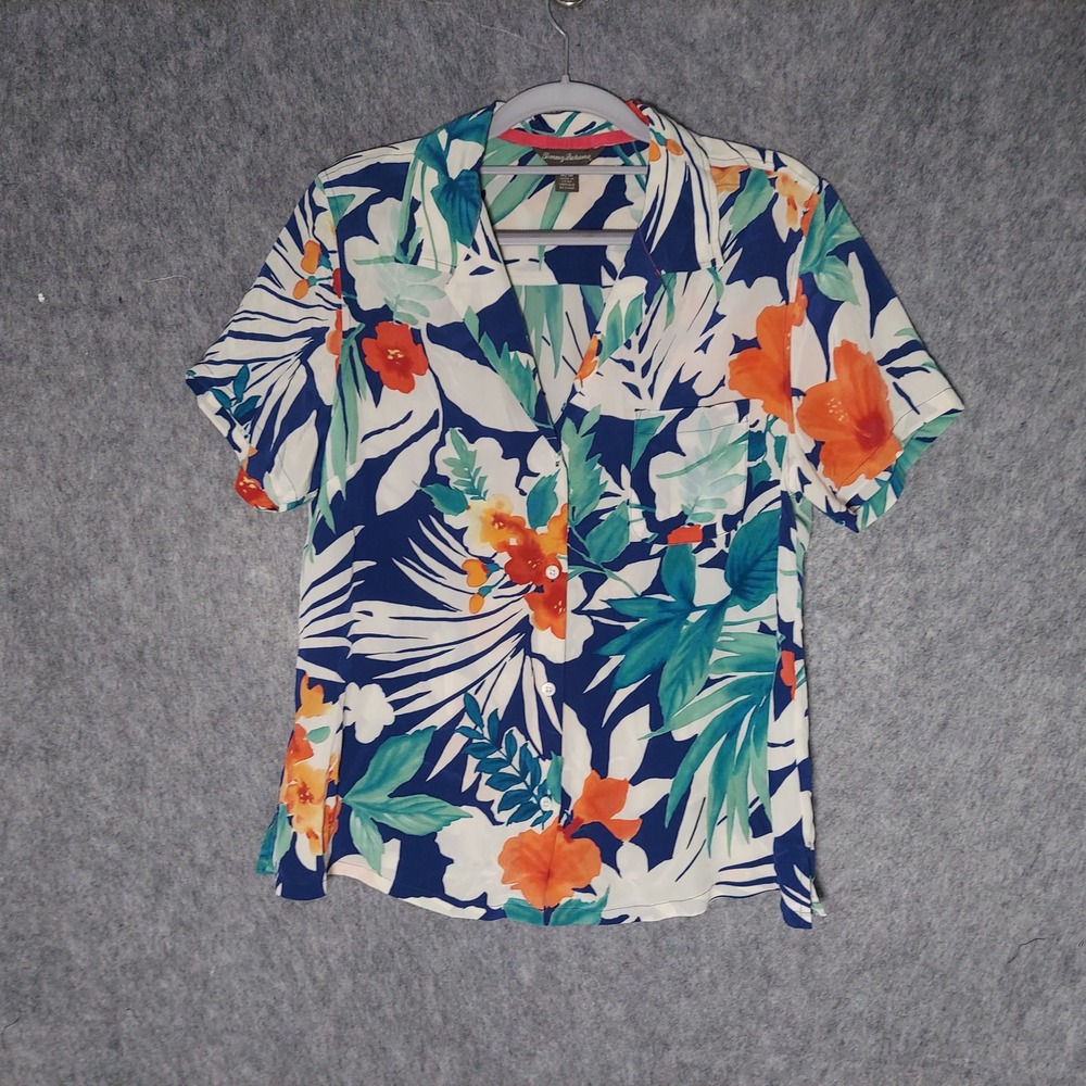 Tommy Bahama Women 100% Silk Floral Button Up Shirt M Tropical Vacation Resort